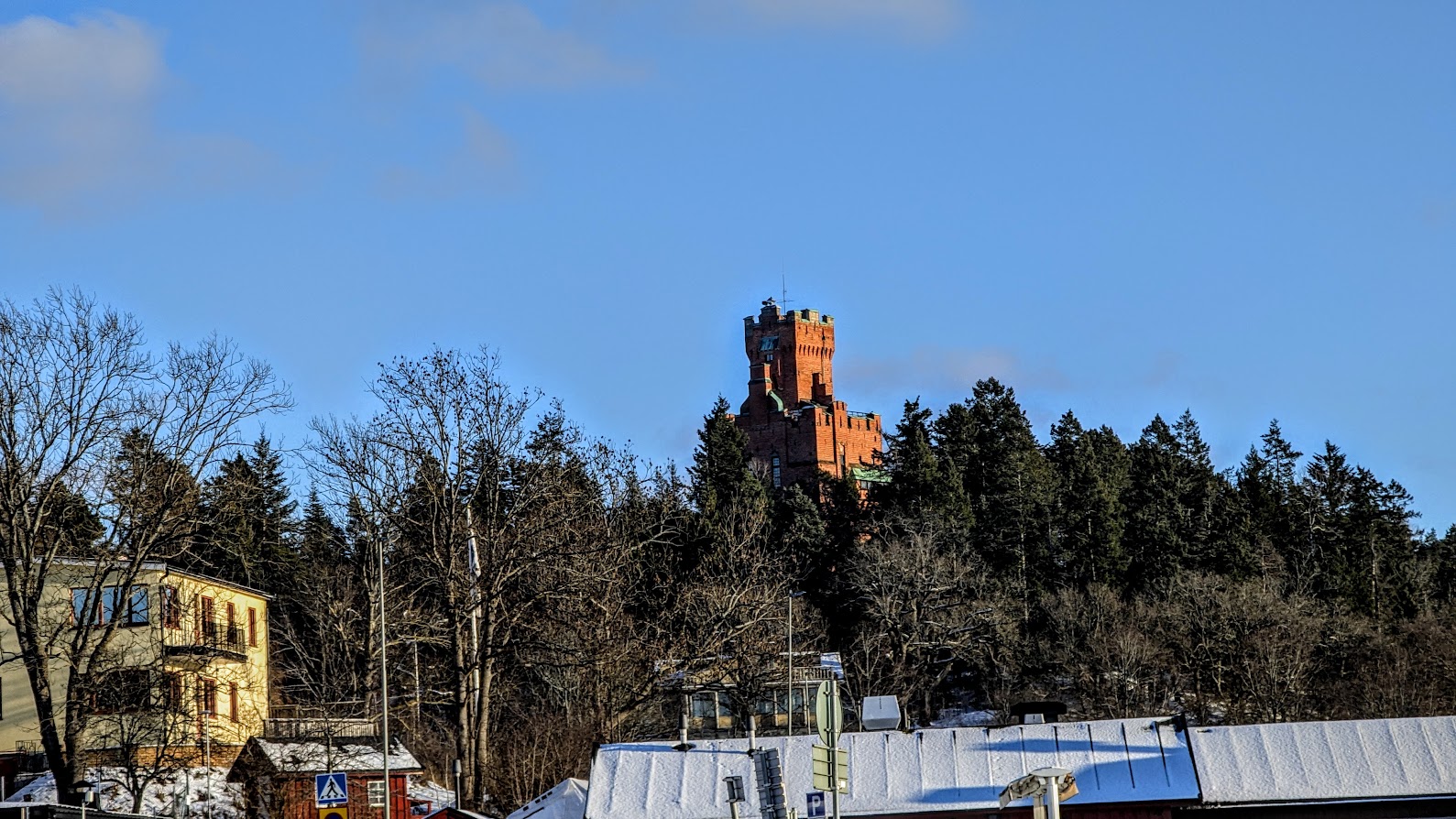 Cedergrenska Tower rising above the trees in winter, Stocksund